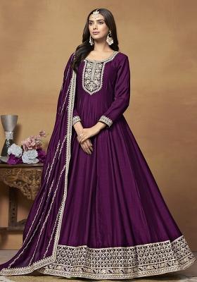 Purple Embroidered Silk Kurta With Dupatta