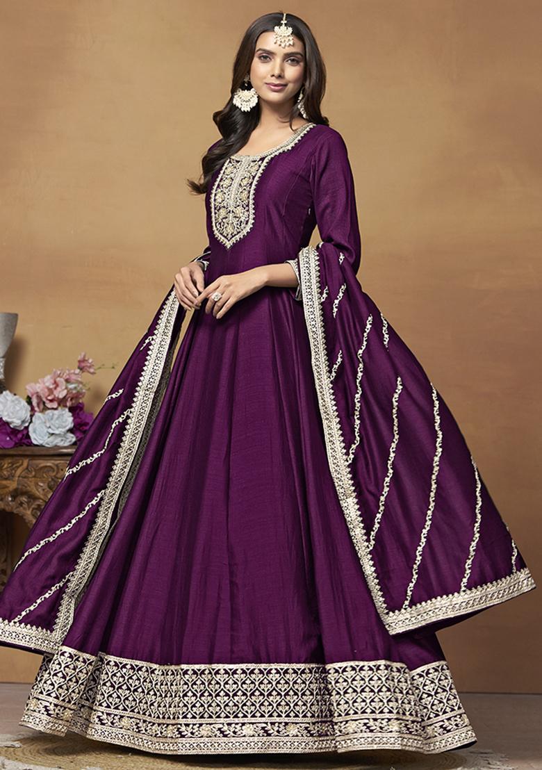 Purple Embroidered Silk Kurta With Dupatta - Indya