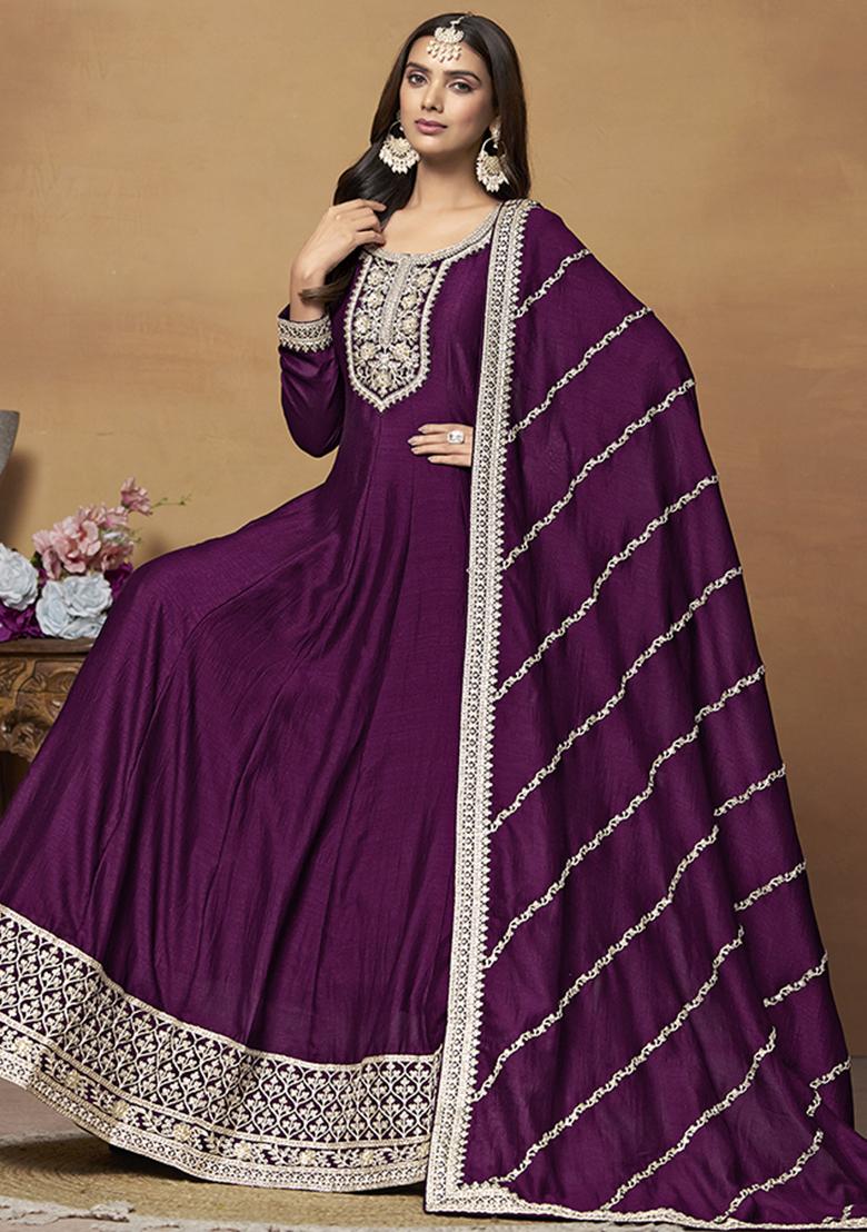 Purple Embroidered Silk Kurta With Dupatta - Indya