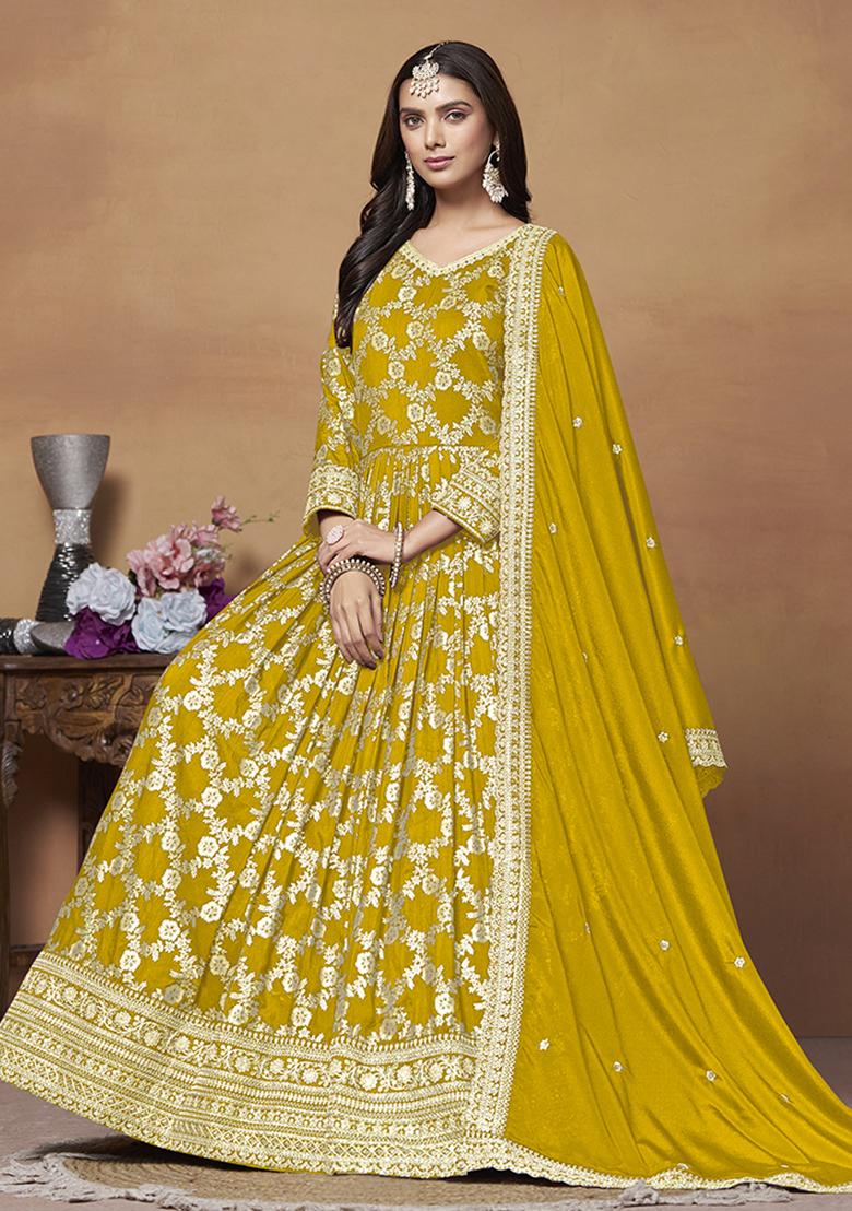 Red Embroidered Silk Anarkali With Dupatta - Indya