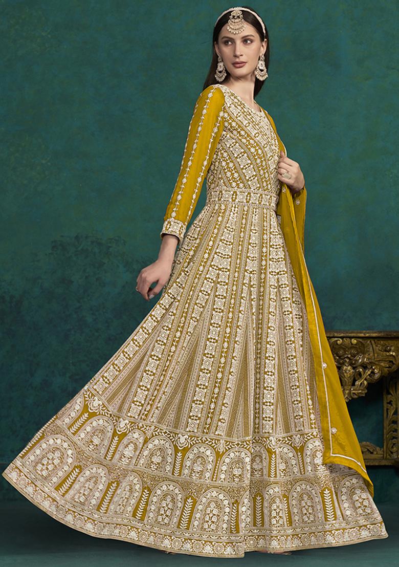 Yellow Embroidered Georgette Anarkali Set With Dupatta - Indya