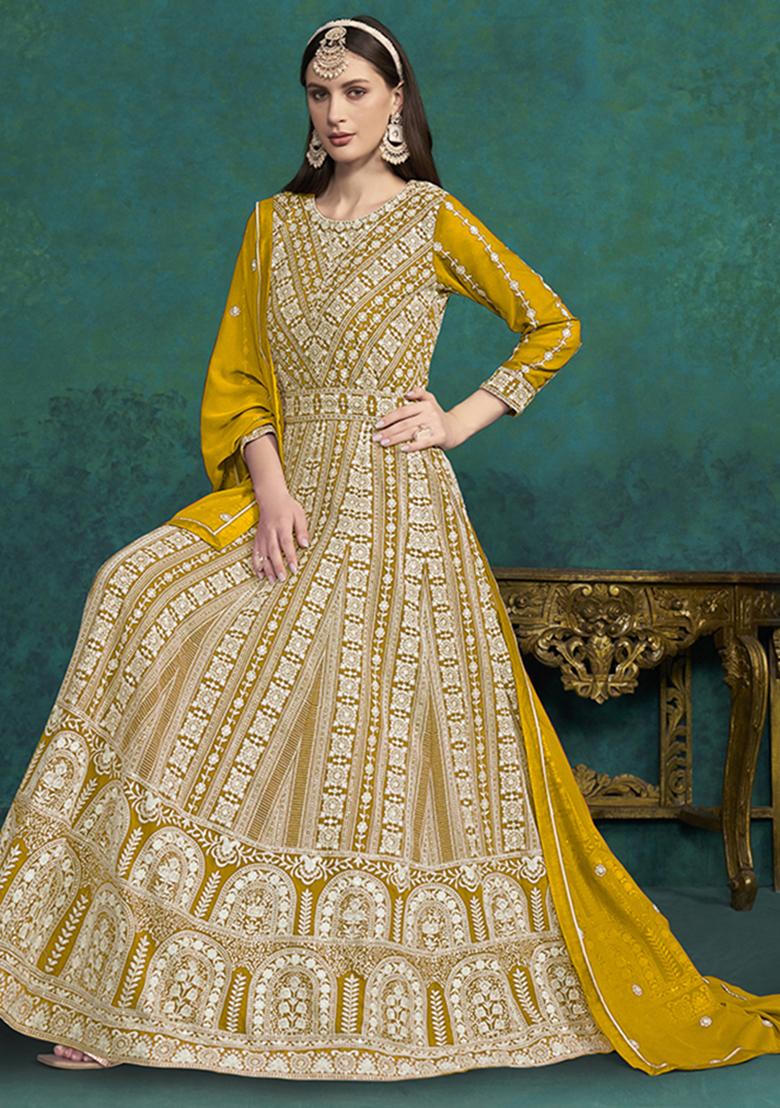 Yellow Embroidered Georgette Anarkali Set With Dupatta - Indya