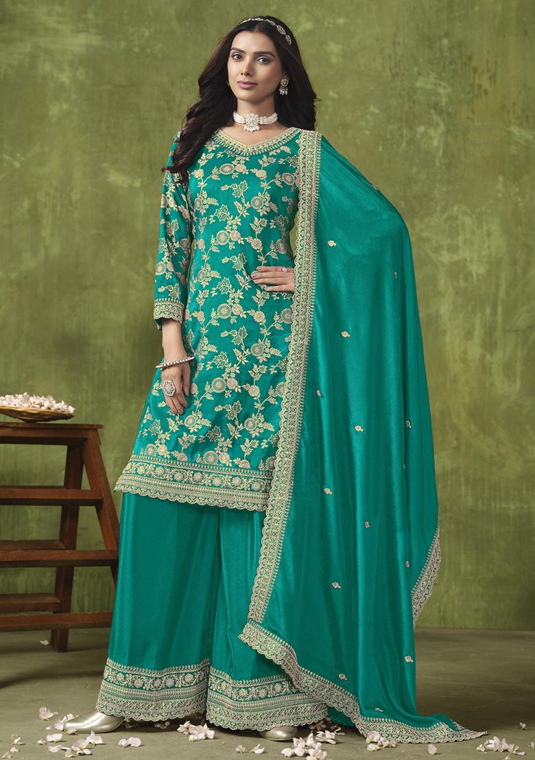 Green Embroidered Chanderi Salwar Kameez With Dupatta - Indya