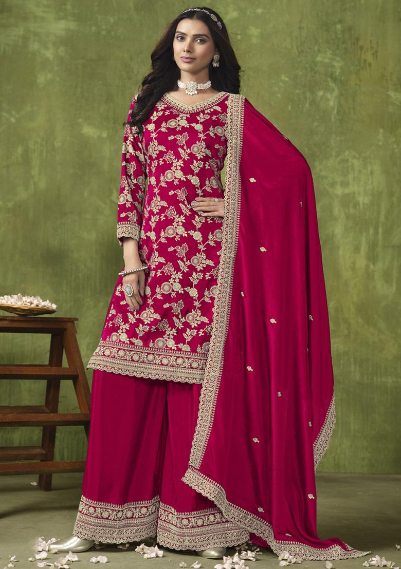 Pink Embroidered Chanderi Salwar Kameez With Dupatta - Indya