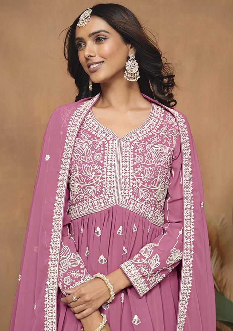 Pink Embroidered Georgette Salwar Kameez With Dupatta - Indya
