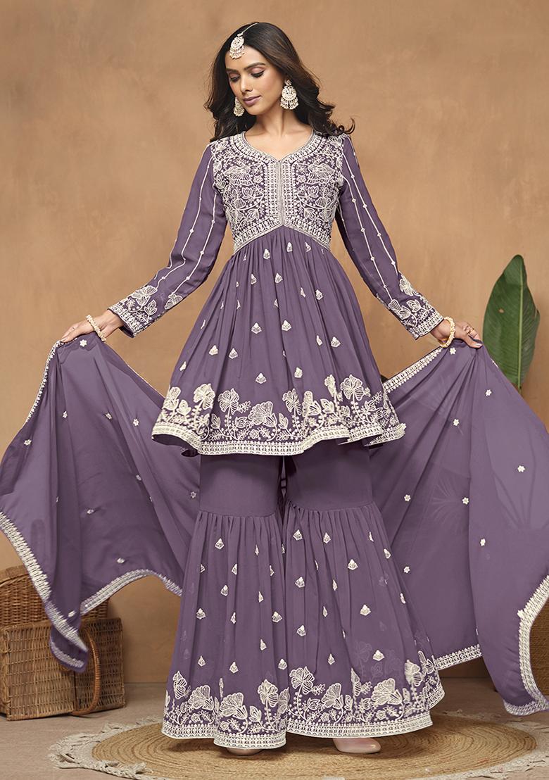 Purple Embroidered Georgette Salwar Kameez With Dupatta - Indya