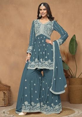Blue Embroidered Georgette Salwar Kameez With Dupatta
