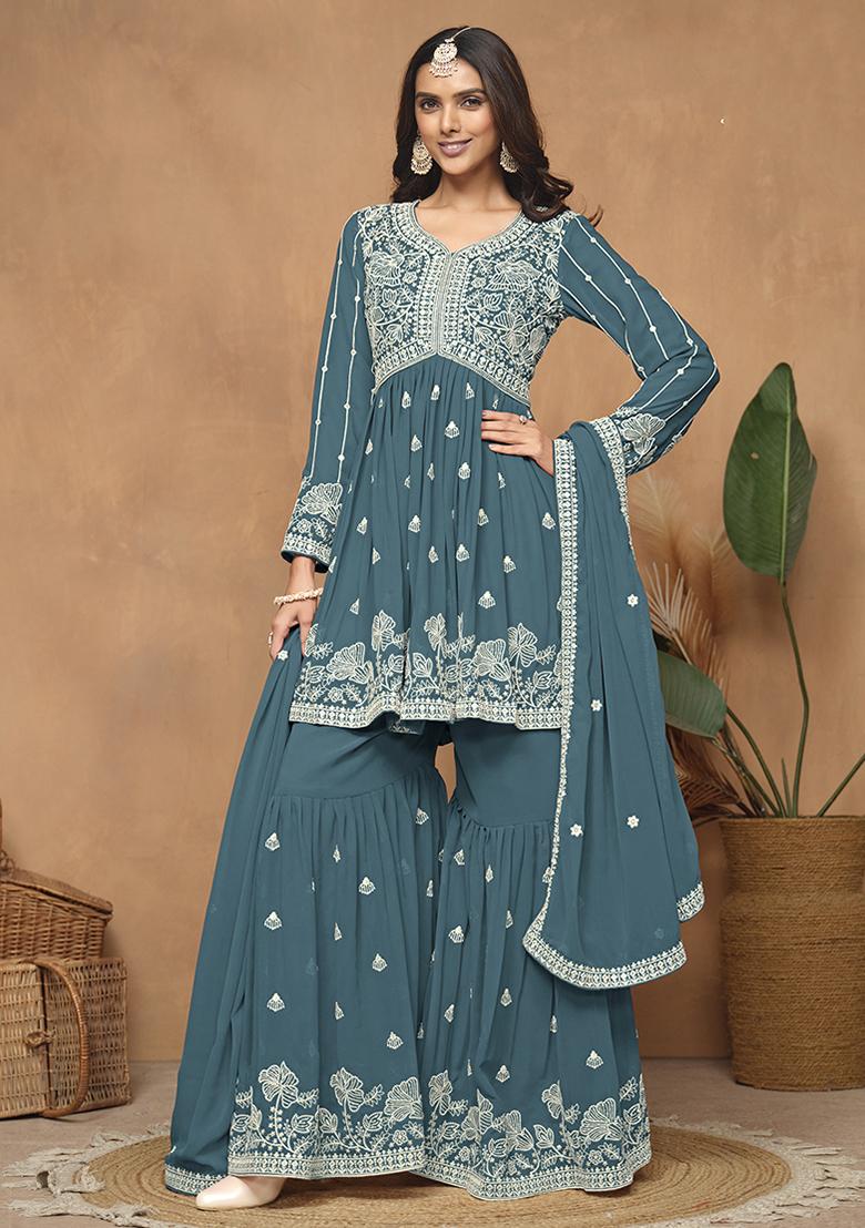 Blue Embroidered Georgette Salwar Kameez With Dupatta - Indya
