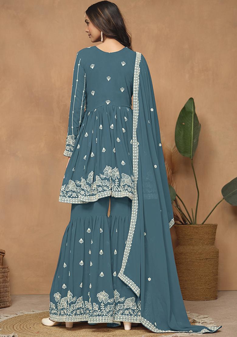 Blue Embroidered Georgette Salwar Kameez With Dupatta - Indya