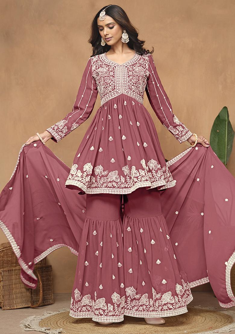 Pink Embroidered Georgette Salwar Kameez With Dupatta - Indya