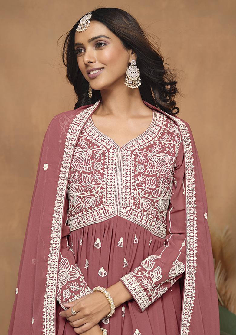 Pink Embroidered Georgette Salwar Kameez With Dupatta - Indya