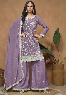 Purple Embroidered Chinon Salwar Kameez With Dupatta