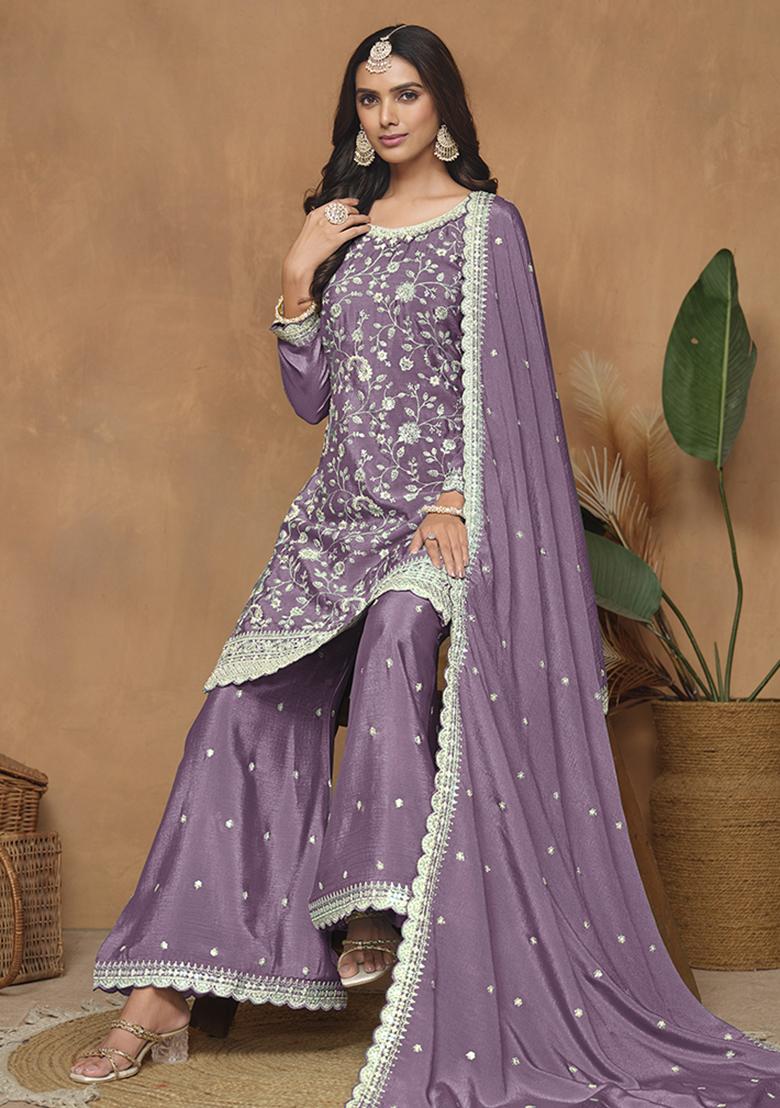 Purple Embroidered Chinon Salwar Kameez With Dupatta - Indya