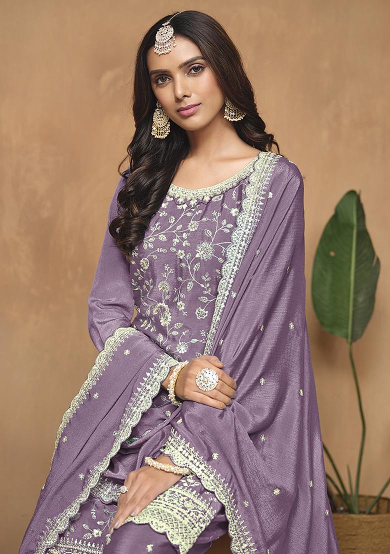 Purple Embroidered Chinon Salwar Kameez With Dupatta - Indya