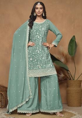 Blue Embroidered Chinon Salwar Kameez With Dupatta