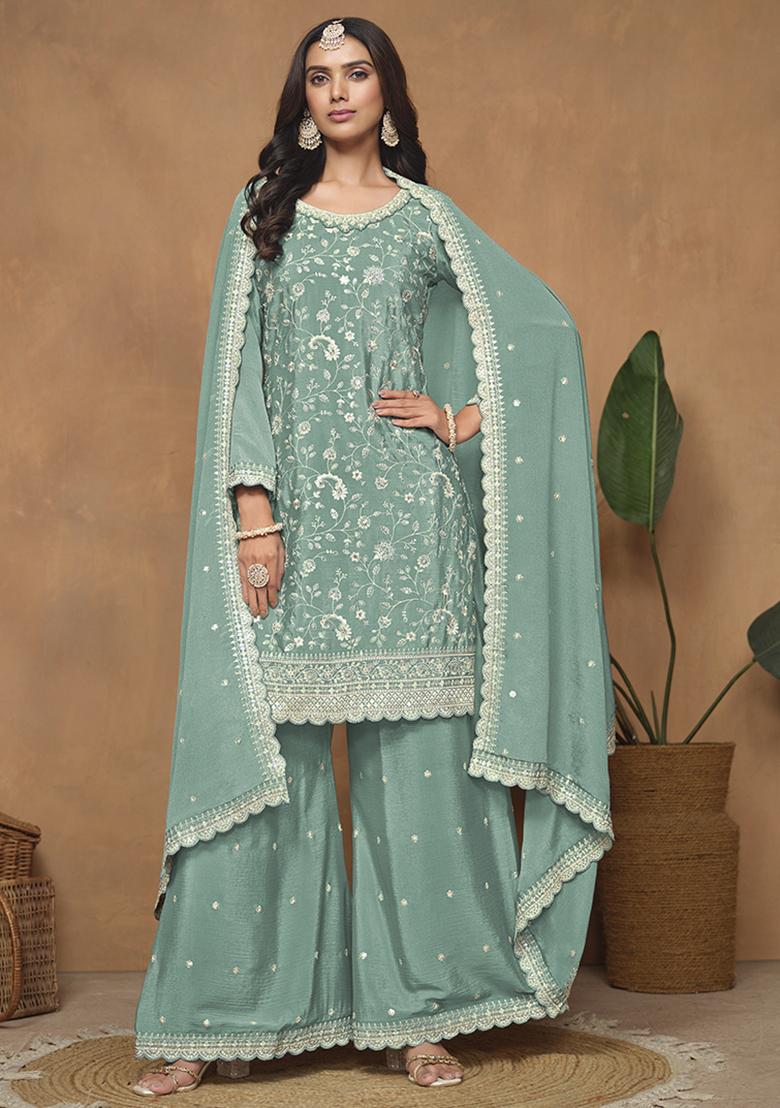 Blue Embroidered Chinon Salwar Kameez With Dupatta - Indya