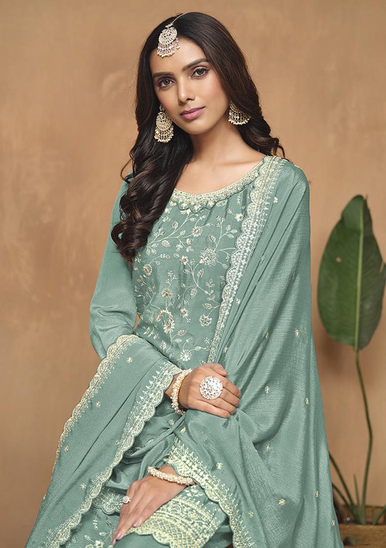 Blue Embroidered Chinon Salwar Kameez With Dupatta - Indya