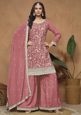 Peach Embroidered Chinon Salwar Kameez With Dupatta