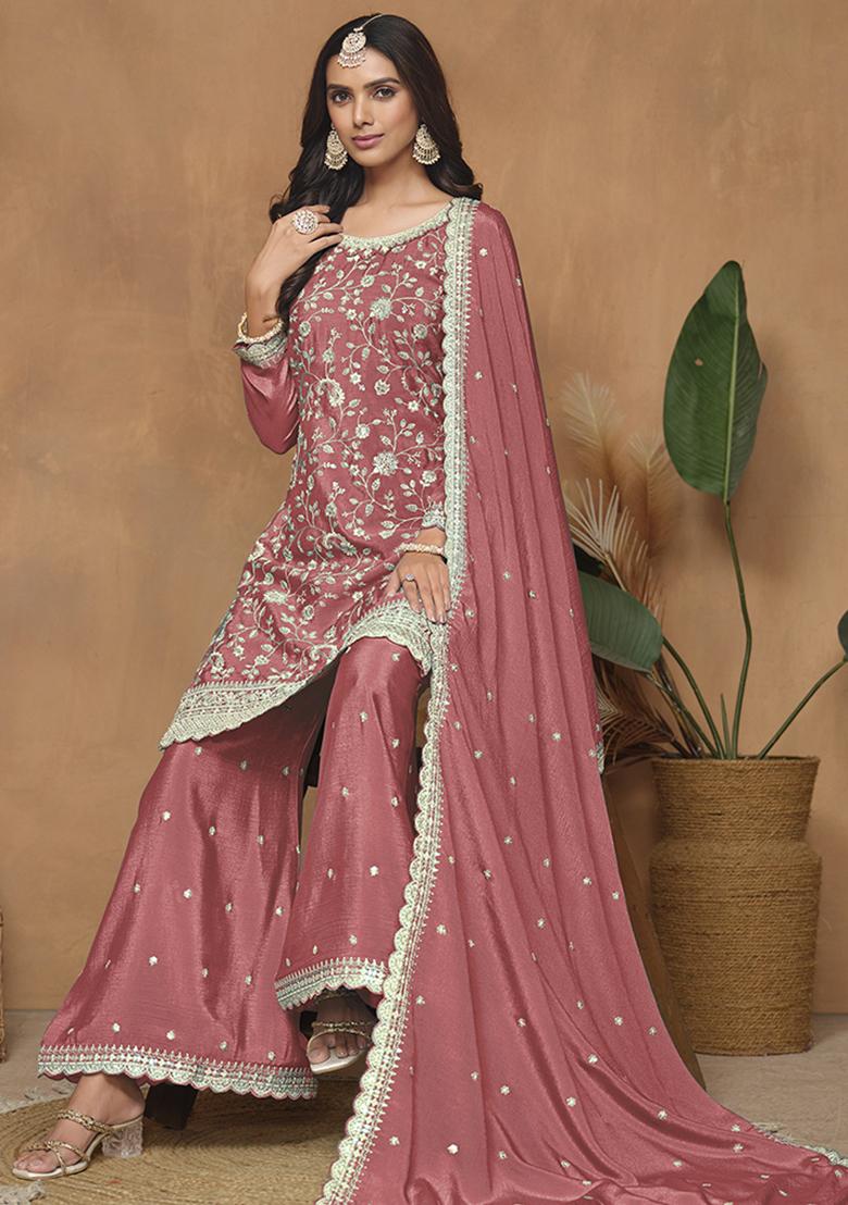 Peach Embroidered Chinon Salwar Kameez With Dupatta - Indya