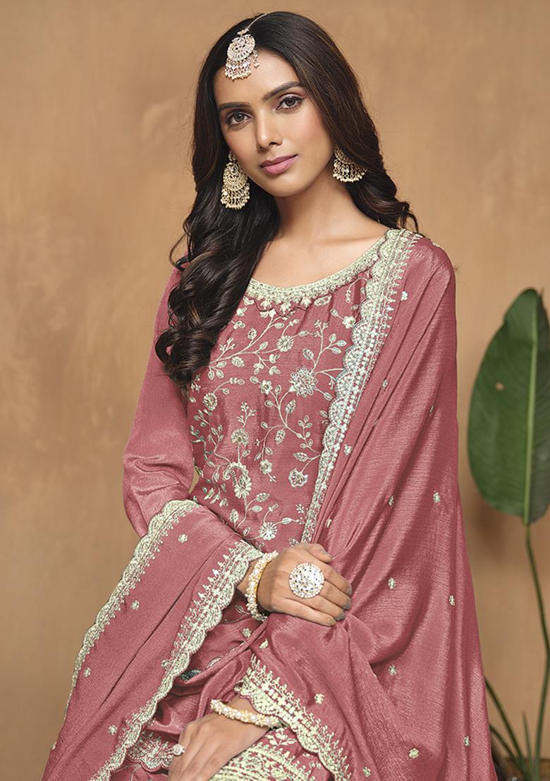 Peach Embroidered Chinon Salwar Kameez With Dupatta - Indya