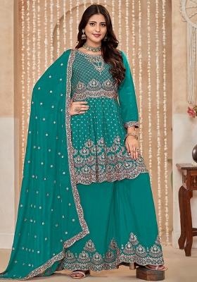 Blue Embroidered Chinon Salwar Kameez With Dupatta