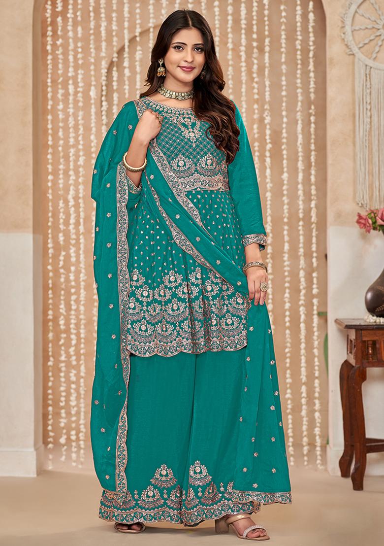 Blue Embroidered Chinon Salwar Kameez With Dupatta - Indya