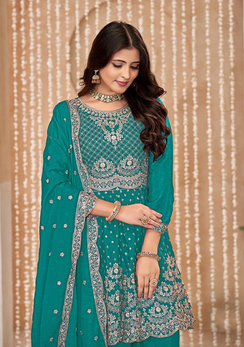 Blue Embroidered Chinon Salwar Kameez With Dupatta - Indya
