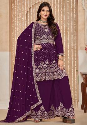 Wine Embroidered Chinon Salwar Kameez With Dupatta