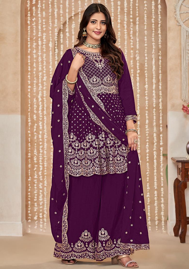 Wine Embroidered Chinon Salwar Kameez With Dupatta - Indya