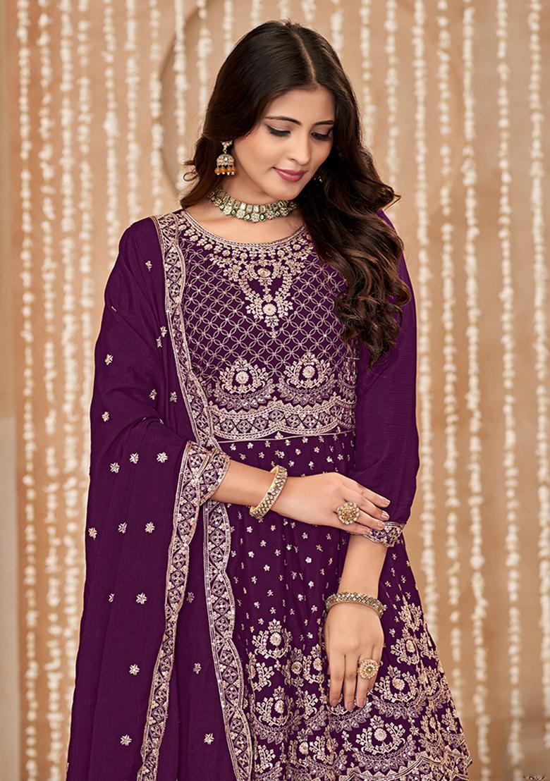 Wine Embroidered Chinon Salwar Kameez With Dupatta - Indya