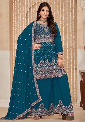 Blue Embroidered Chinon Salwar Kameez With Dupatta