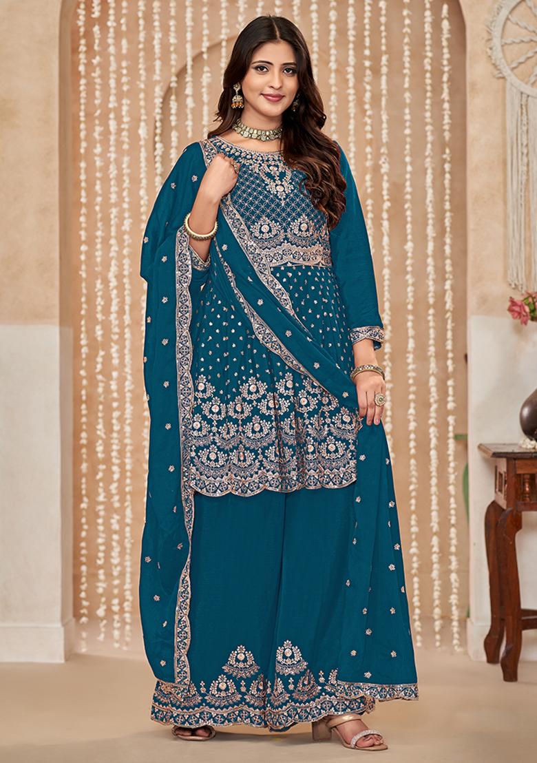 Blue Embroidered Chinon Salwar Kameez With Dupatta - Indya