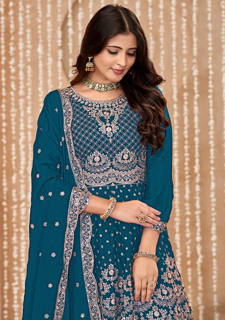 Blue Embroidered Chinon Salwar Kameez With Dupatta - Indya