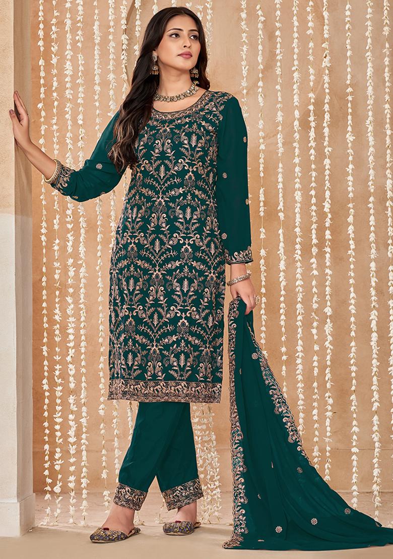 Blue Embroidered Georgette Salwar Kameez With Dupatta - Indya