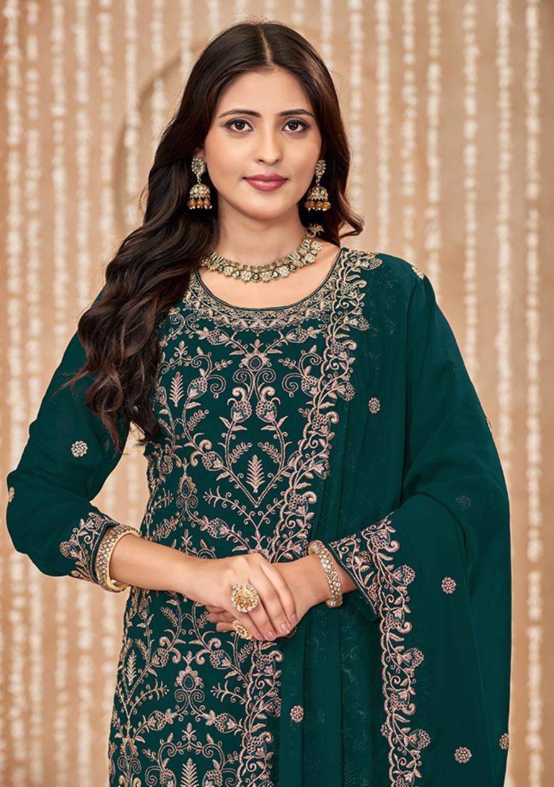 Blue Embroidered Georgette Salwar Kameez With Dupatta - Indya