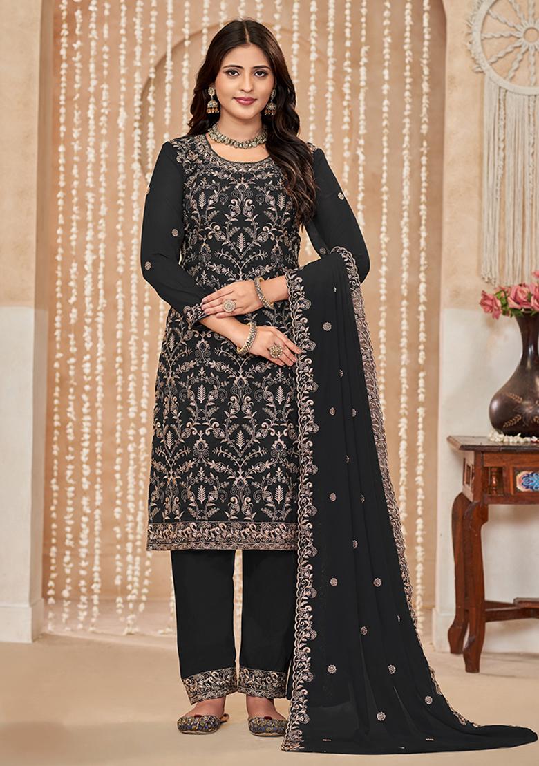 Black Embroidered Georgette Salwar Kameez With Dupatta - Indya