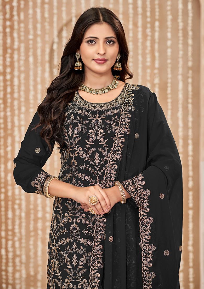 Black Embroidered Georgette Salwar Kameez With Dupatta - Indya