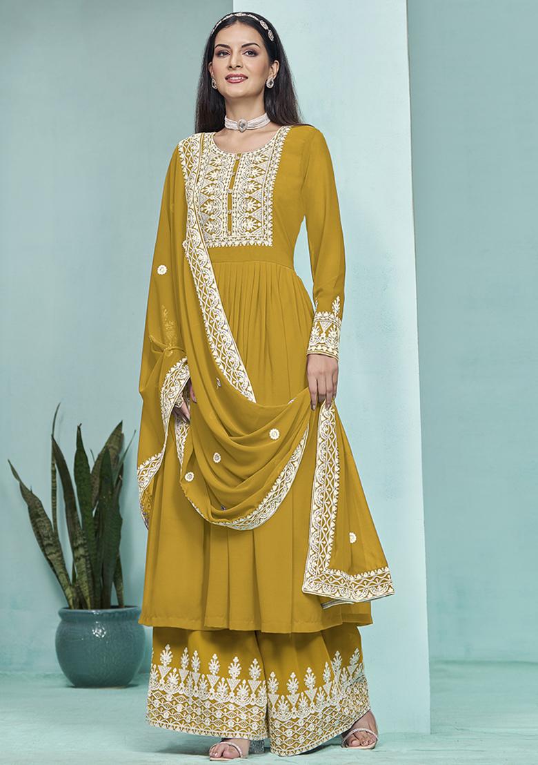 Red Embroidered Georgette Salwar Kameez With Dupatta - Indya