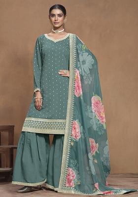 Green Embroidered Silk Salwar Kameez With Dupatta