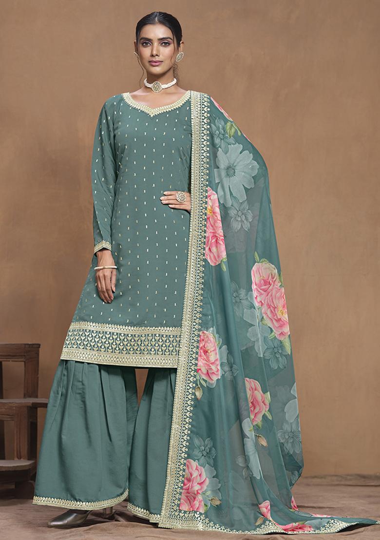 Green Embroidered Silk Salwar Kameez With Dupatta - Indya