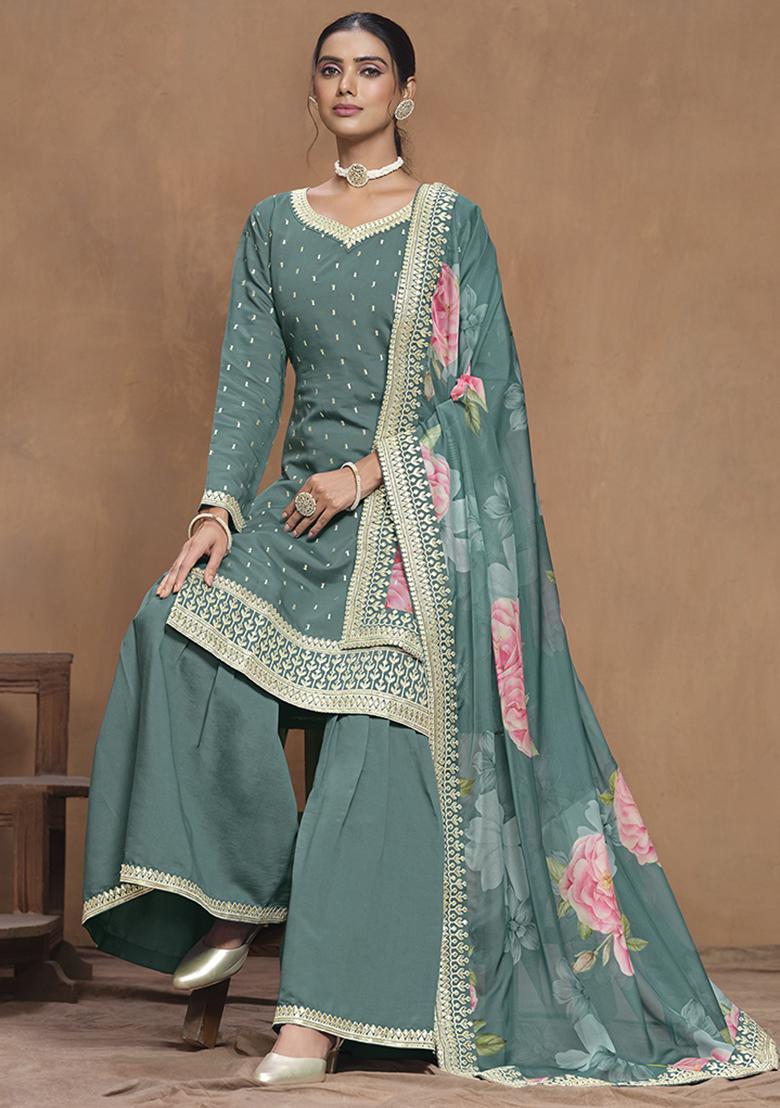 Green Embroidered Silk Salwar Kameez With Dupatta - Indya