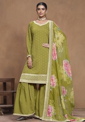 Green Embroidered Silk Salwar Kameez With Dupatta