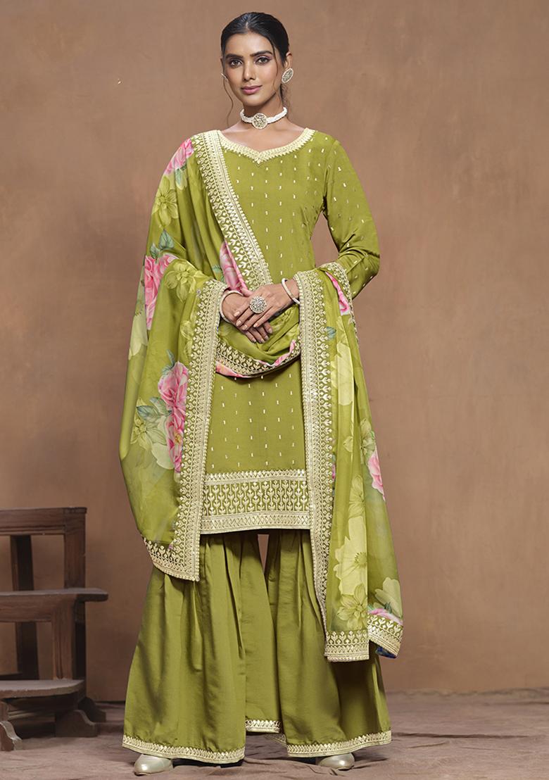 Green Embroidered Silk Salwar Kameez With Dupatta - Indya
