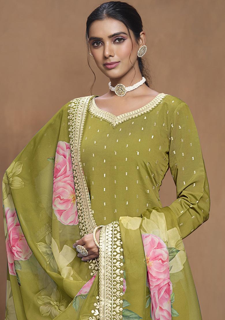Green Embroidered Silk Salwar Kameez With Dupatta - Indya