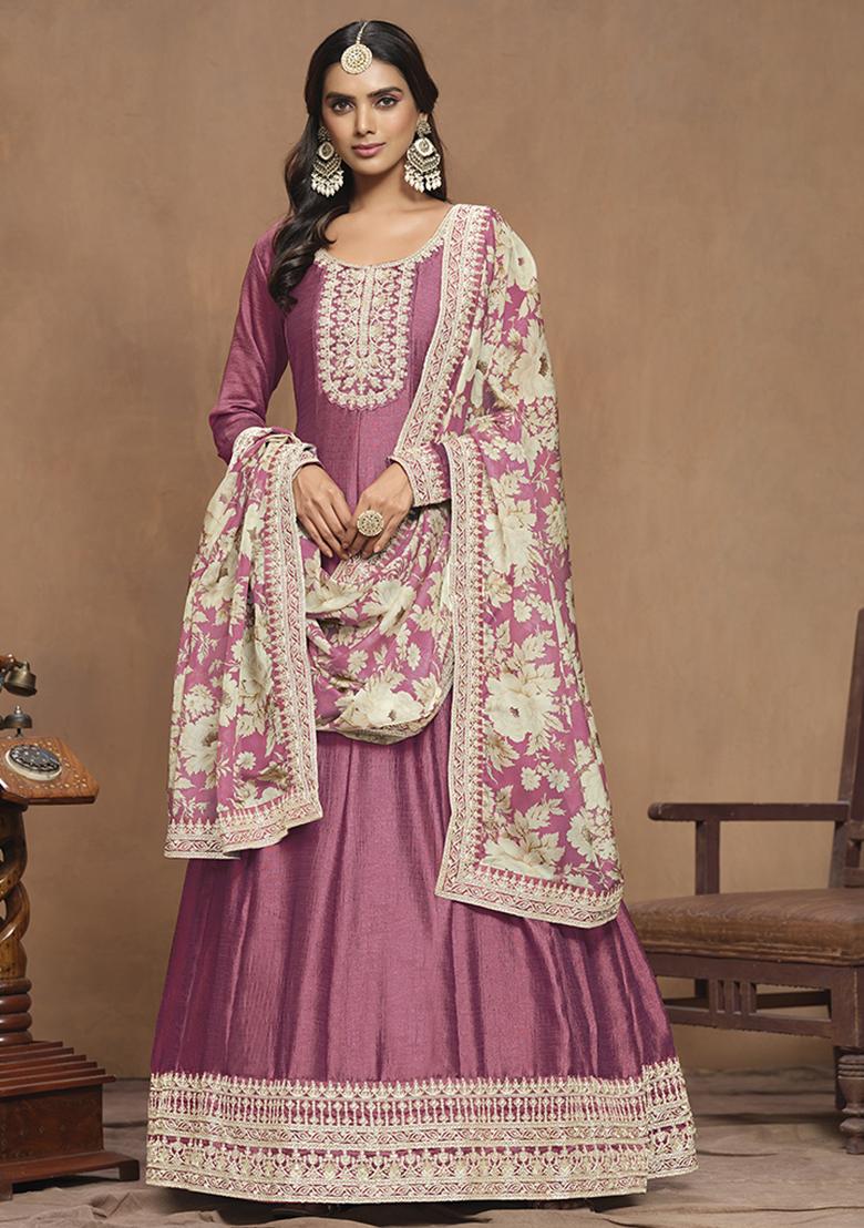 Pink Embroidered Silk Kurta With Dupatta - Indya