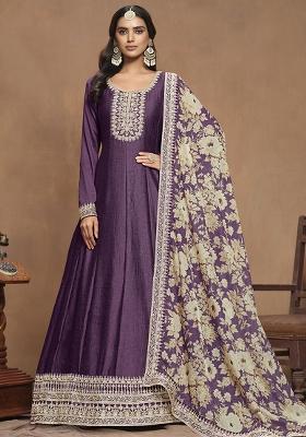 Purple Embroidered Silk Kurta With Dupatta