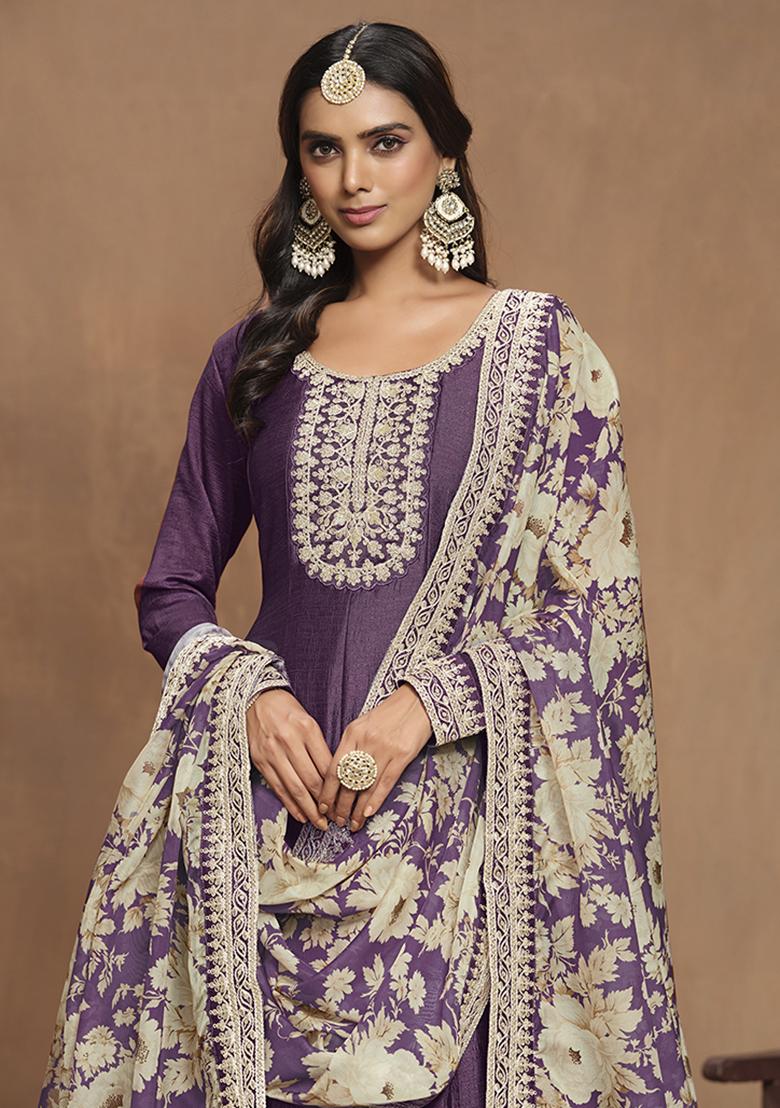 Purple Embroidered Silk Kurta With Dupatta - Indya