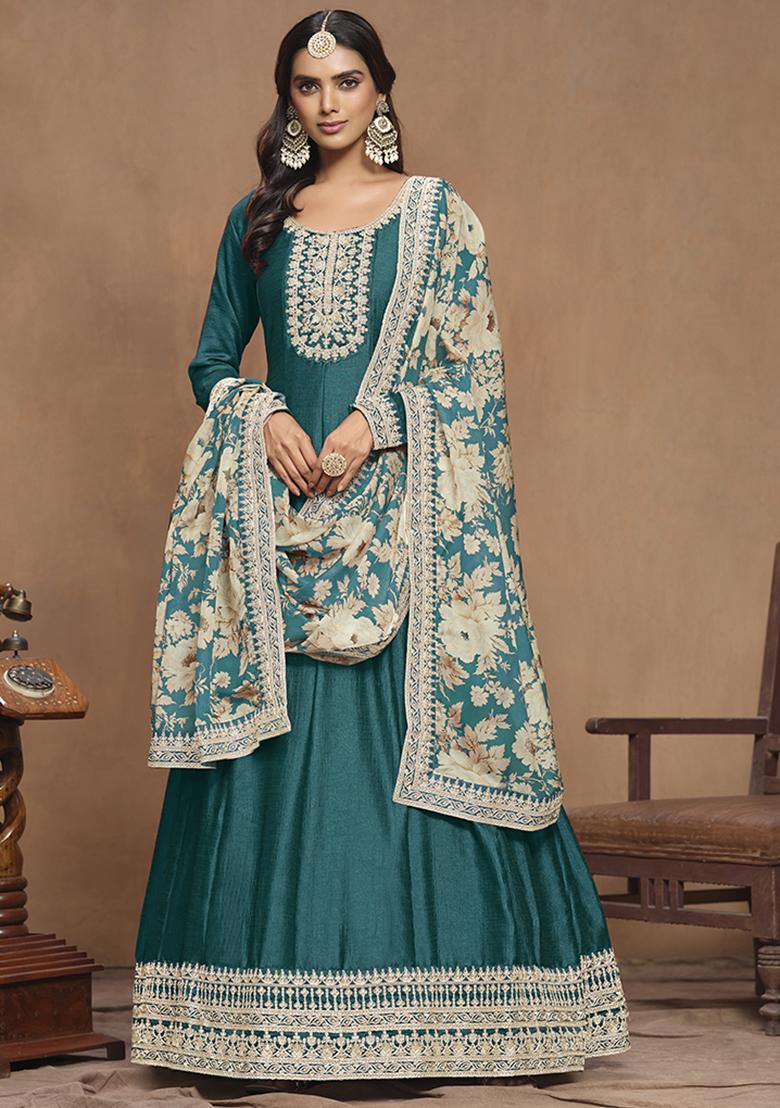 Blue Embroidered Silk Kurta With Dupatta - Indya