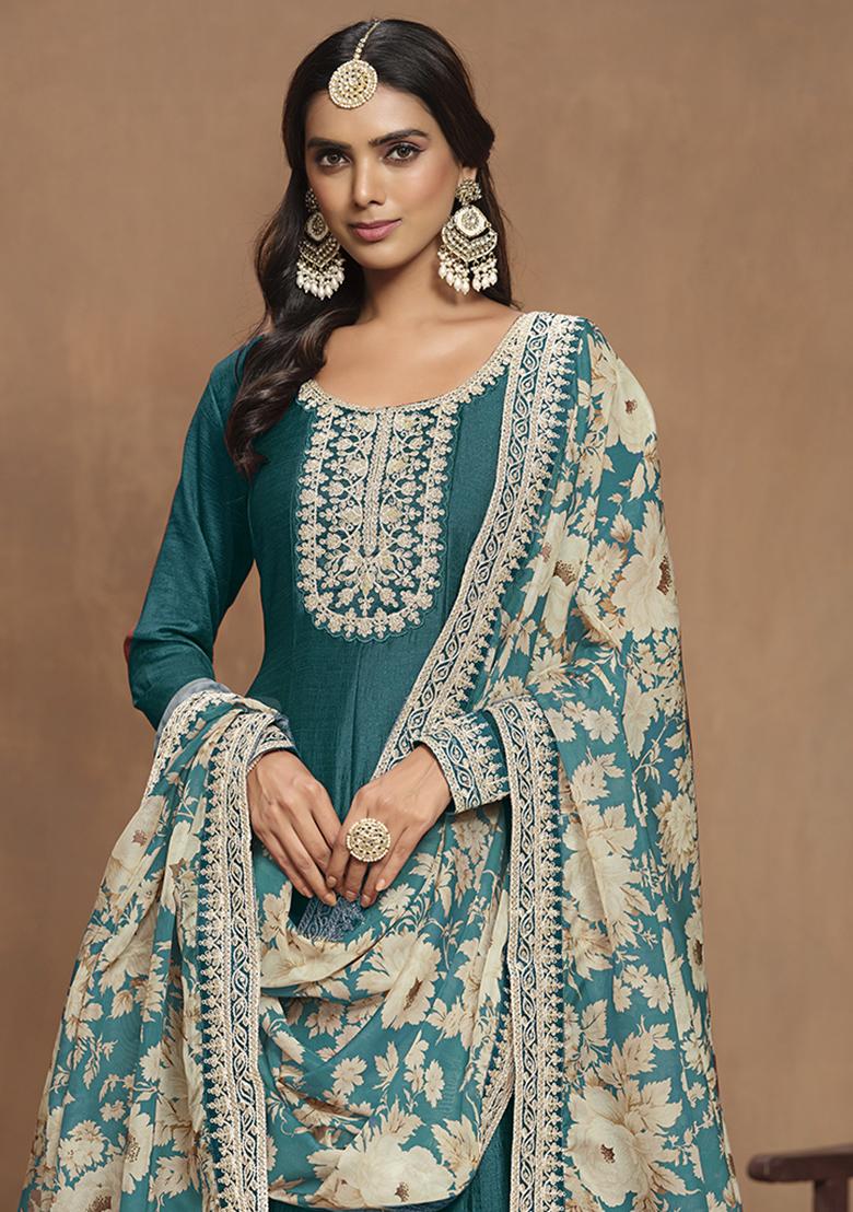 Blue Embroidered Silk Kurta With Dupatta - Indya
