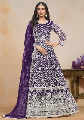 Purple Embroidered Net Salwar Kameez With Dupatta